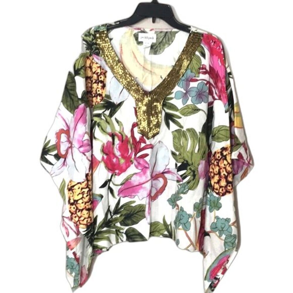 Peck & Peck Linen Floral‎ Poncho Top Copper Beaded Neckline Kimono Sleeves large